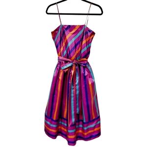 Y2K 80s 90s, Vintage silky pink vibrant colorful bow tie striped dress size S